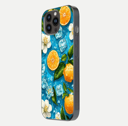 Ice Cube With Orange Glass Case for iPhone 14 Pro Max side-angle image showing reflection brightness and juicy pattern detail