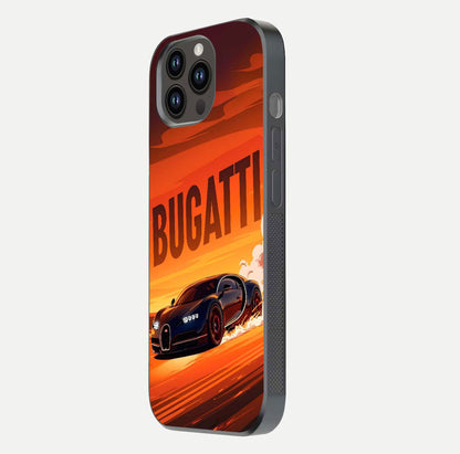 Inferno Bugatti Storm Glass Case for iPhone 14 Pro Max side-angle image showing reflection glow and vibrant red tones
