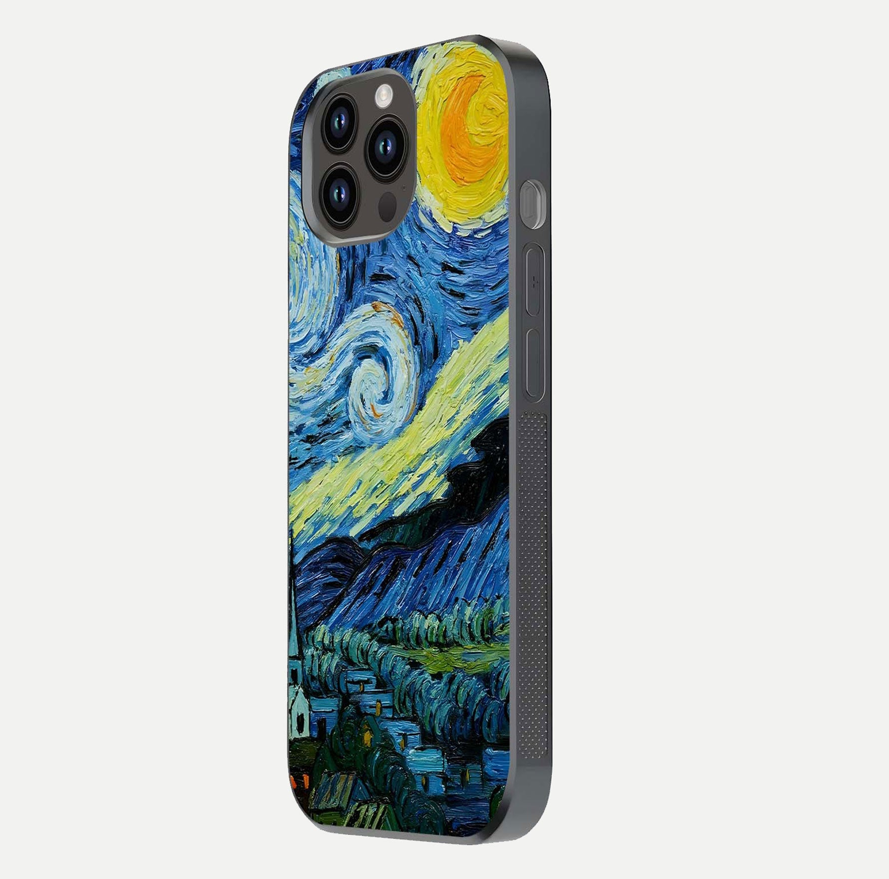 Inspired Van Gogh Art Glass Case for iPhone 14 Pro Max side-angle image showing reflection brilliance and painted surface look