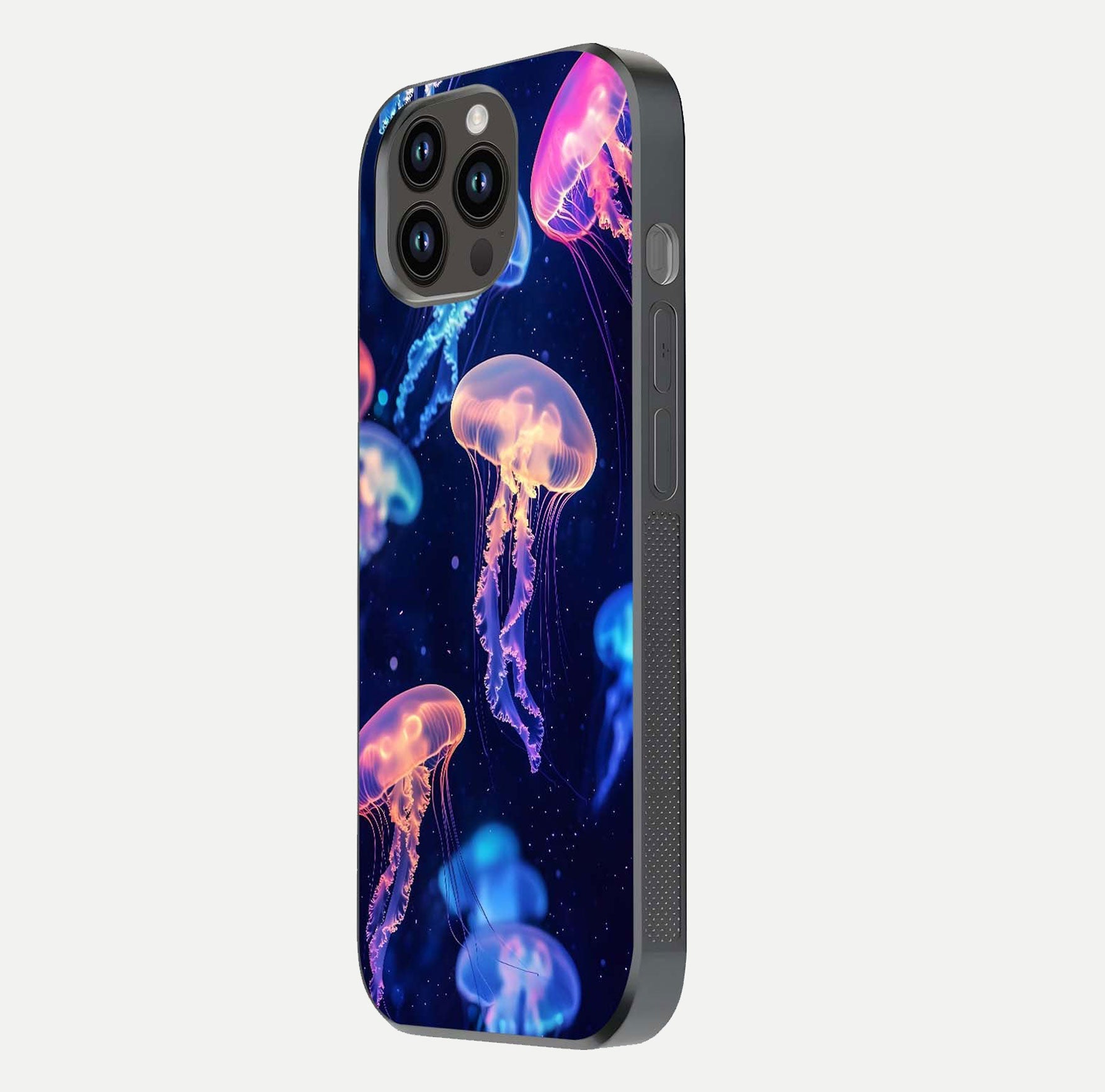 Jellyfish Pattern Glass Case for iPhone 14 Pro Max side-angle image showing reflection glow and soft water-blue gradient
