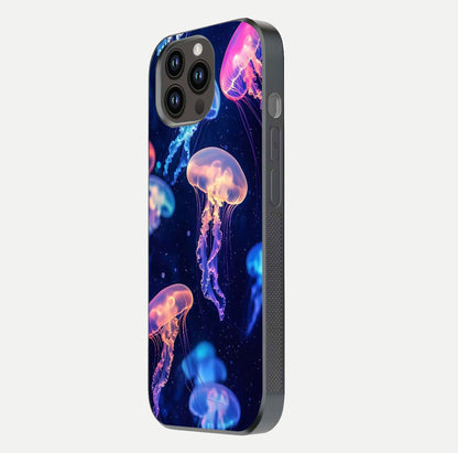 Jellyfish Pattern Glass Case for iPhone 14 Pro Max side-angle image showing reflection glow and soft water-blue gradient