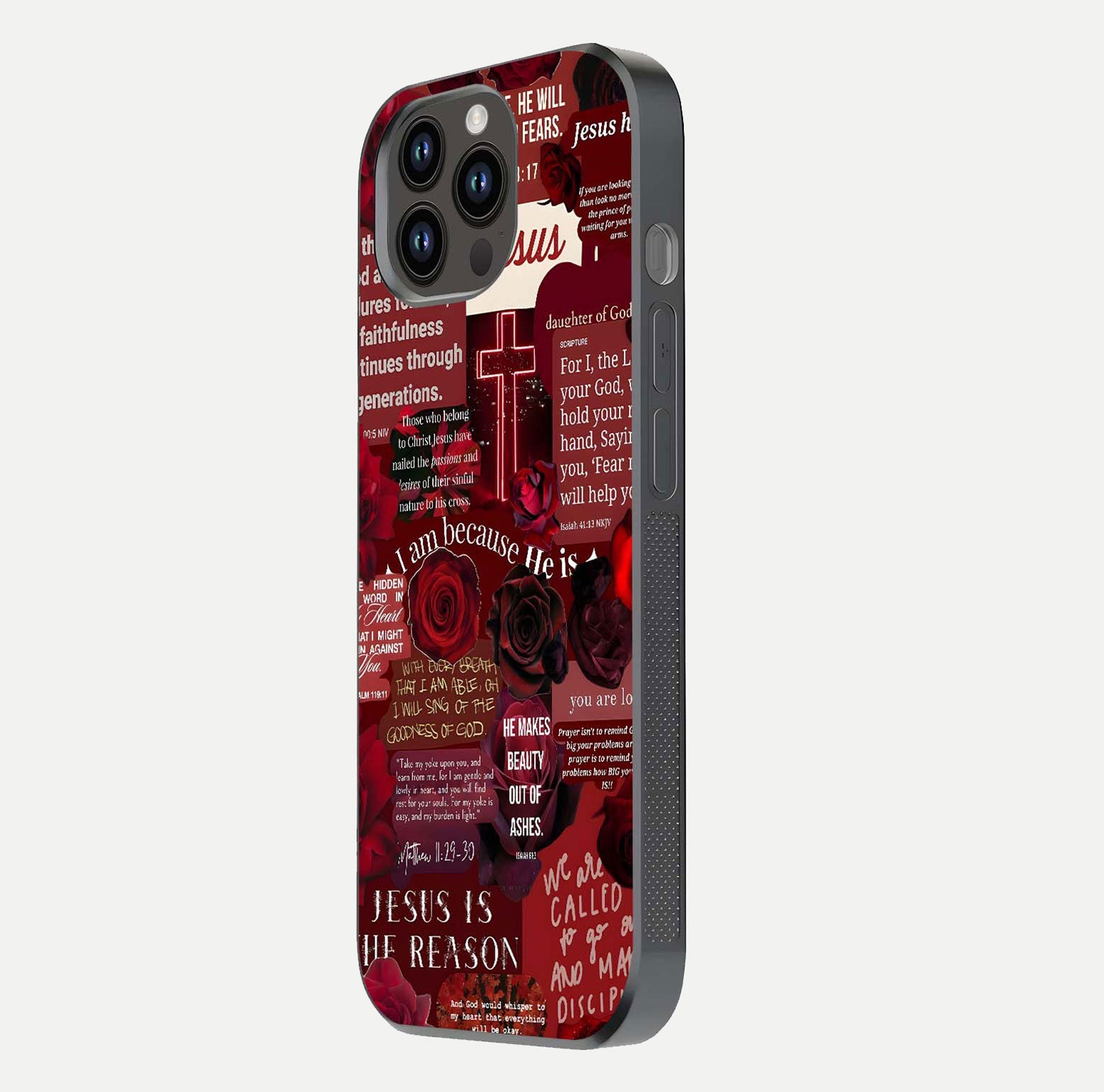 Jesus Love Heals Glass Case for iPhone 14 Pro Max side-angle image highlighting gloss depth and spiritual aura