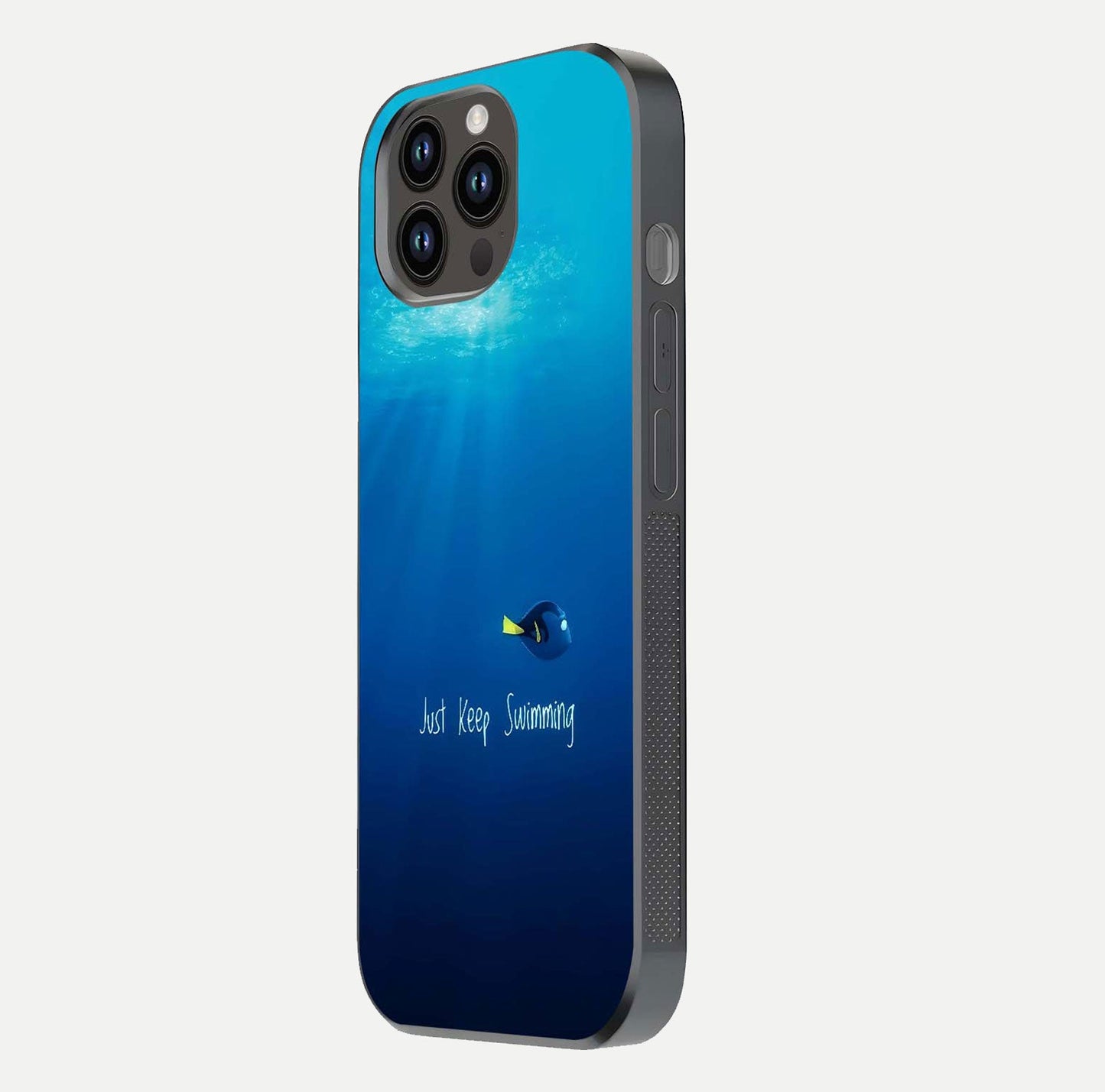 Just Keep Swimming Glass Case for iPhone 14 Pro Max side-angle image highlighting reflective surface and positive quote