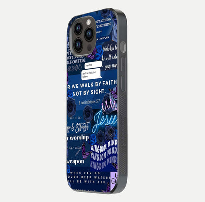 Kingdom Faith Glow Glass Case for iPhone 14 Pro Max side-angle image with reflective cross and faith glow