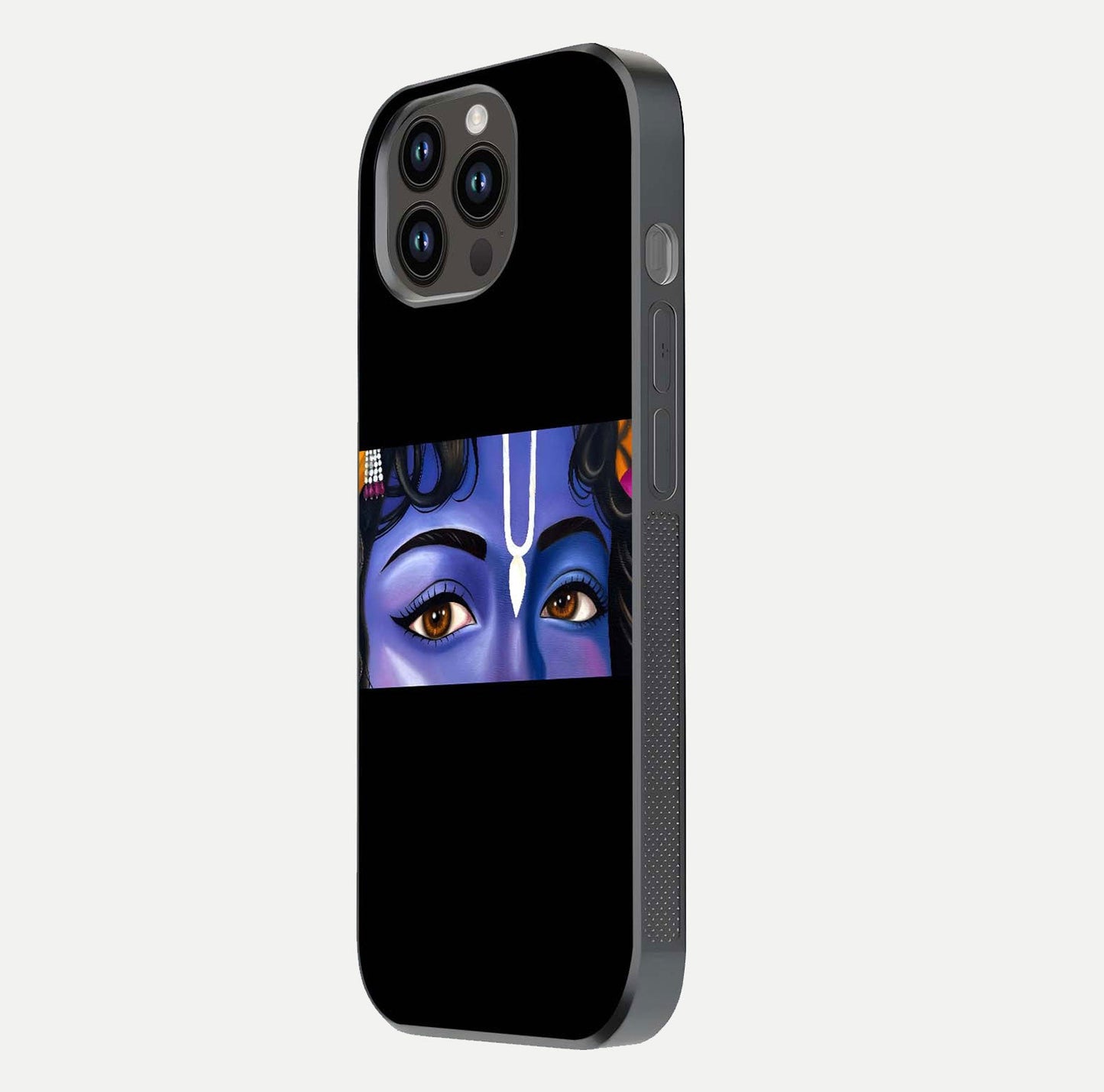Krishna Eye Glass Case for iPhone 14 Pro Max side-angle image showing reflection clarity and Krishna symbol design