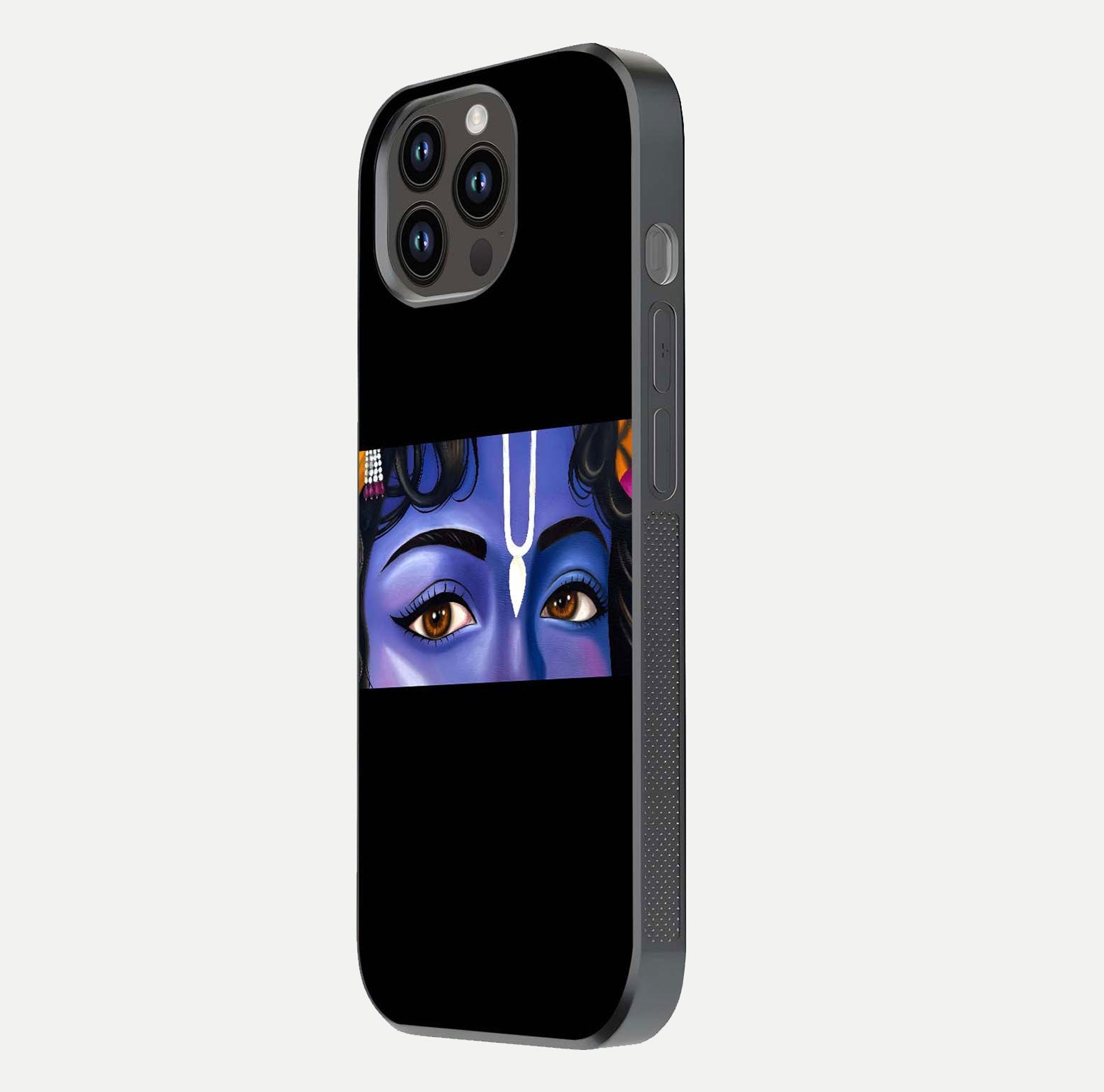 Krishna Eye Glass Case for iPhone 14 Pro Max side-angle image showing reflection clarity and Krishna symbol design