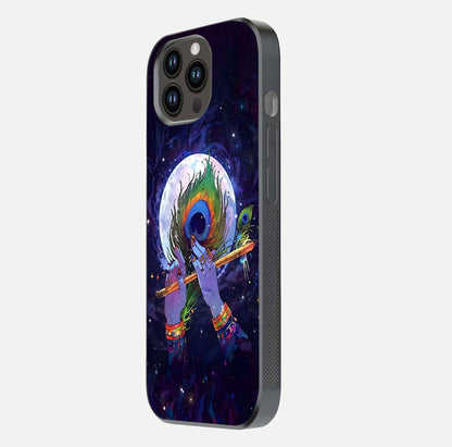 Krishna Hands Art Glass Case for iPhone 14 Pro Max side-angle image highlighting reflection brightness and vivid print