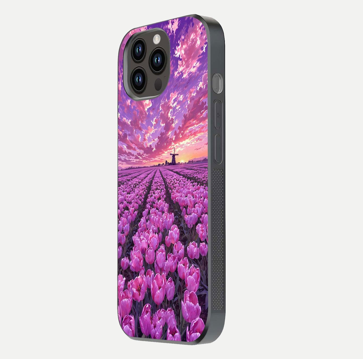 Lavender Dream Skies Glass Case for iPhone 14 Pro Max side-angle image showing reflection depth and serene tones