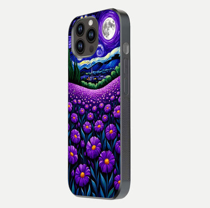 Lavender Moon Field Glass Case for iPhone 14 Pro Max side-angle image showing HD reflection and moonlit lavender art