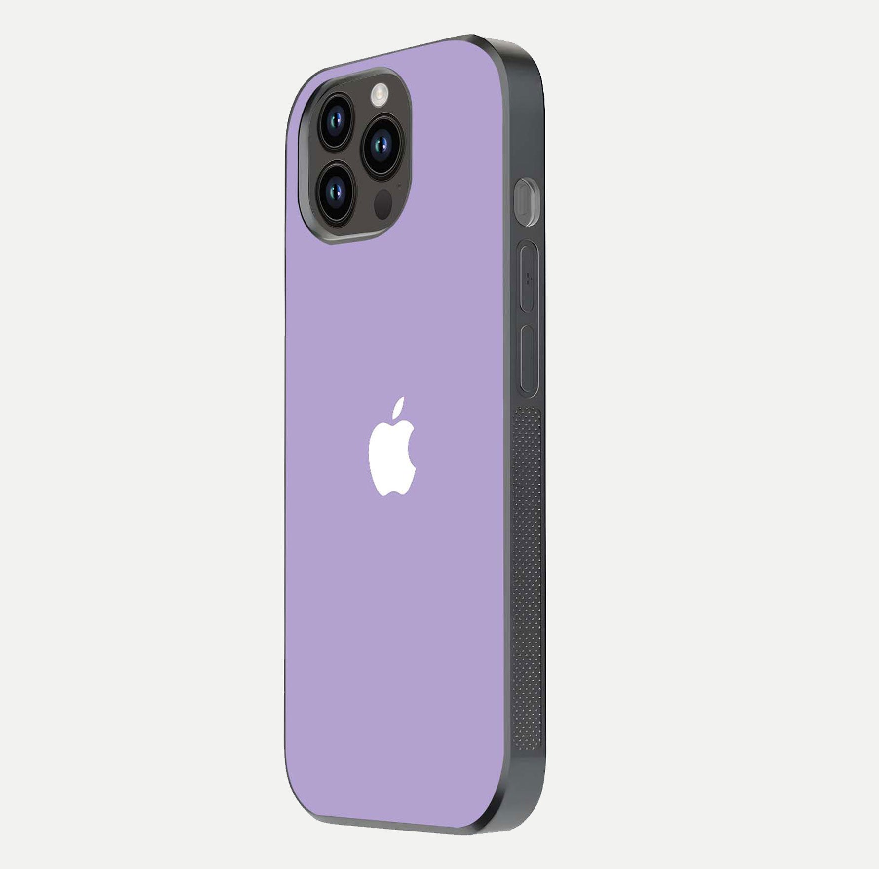 Lavender Soft Minimal Glass Case for iPhone 14 Pro Max side-angle image showing smooth reflection and minimal look