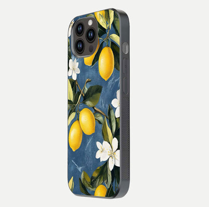 Lemon Dream Garden Glass Case for iPhone 14 Pro Max side-angle image showing reflection clarity and artistic fruit design