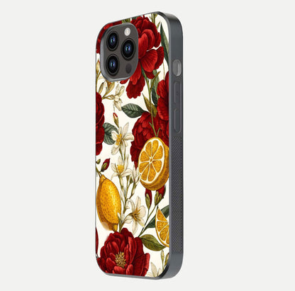 Lemon Rose Charm Glass Case for iPhone 14 Pro Max side-angle image revealing reflection depth and vibrant flower art