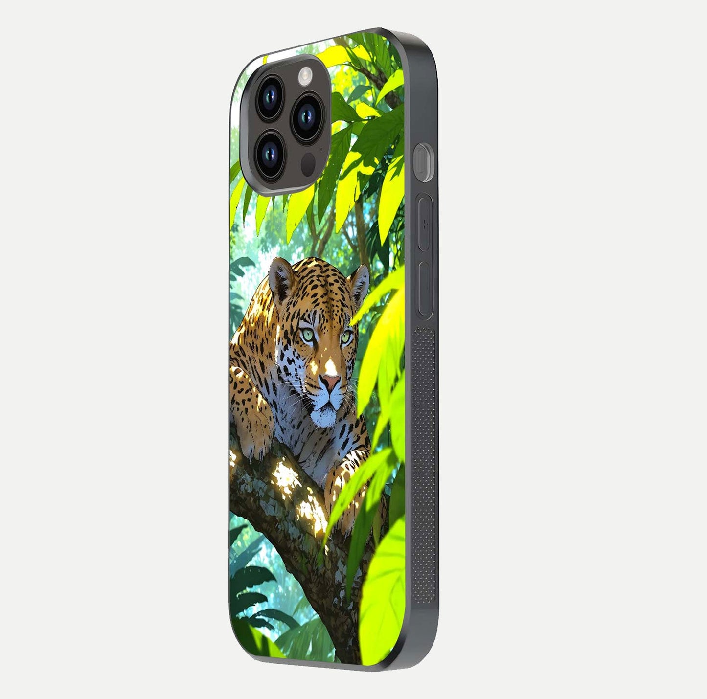 Leopard in Jungle Glass Case for iPhone 14 Pro Max side-angle shot emphasizing contrast and fierce design clarity