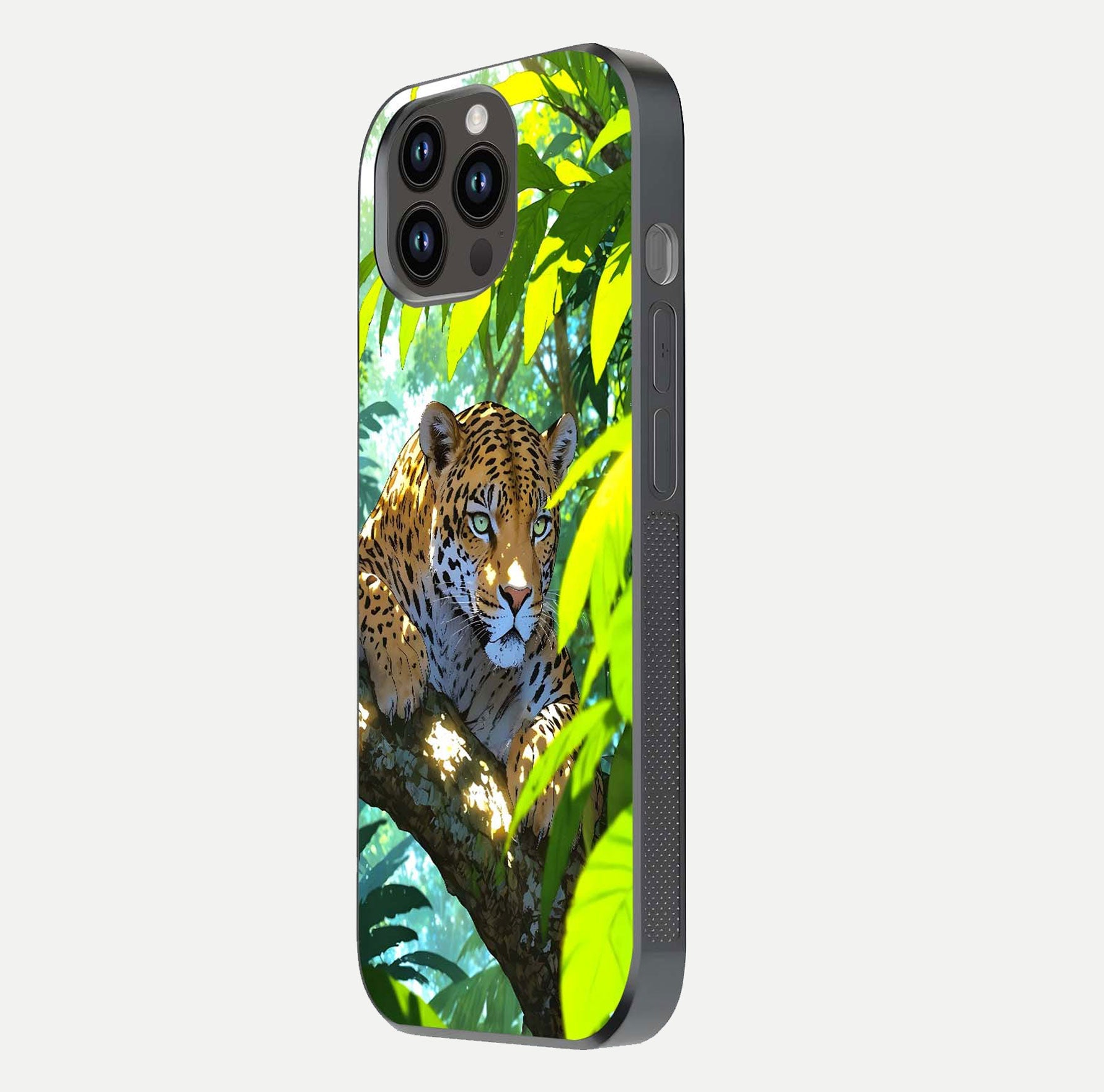 Leopard in Jungle Glass Case for iPhone 14 Pro Max side-angle shot emphasizing contrast and fierce design clarity