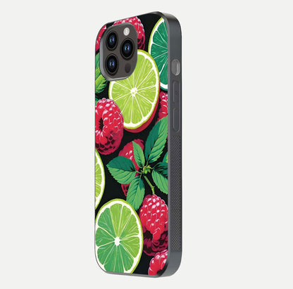 Lime and Raspberry Pattern Glass Case for iPhone 14 Pro Max side-angle view revealing colorful fruit artwork details