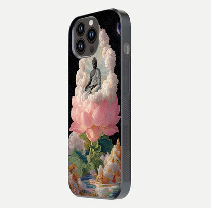 Lotus Divine Peace Glass Case for iPhone 14 Pro Max side-angle shot showing elegant shine and floral symmetry