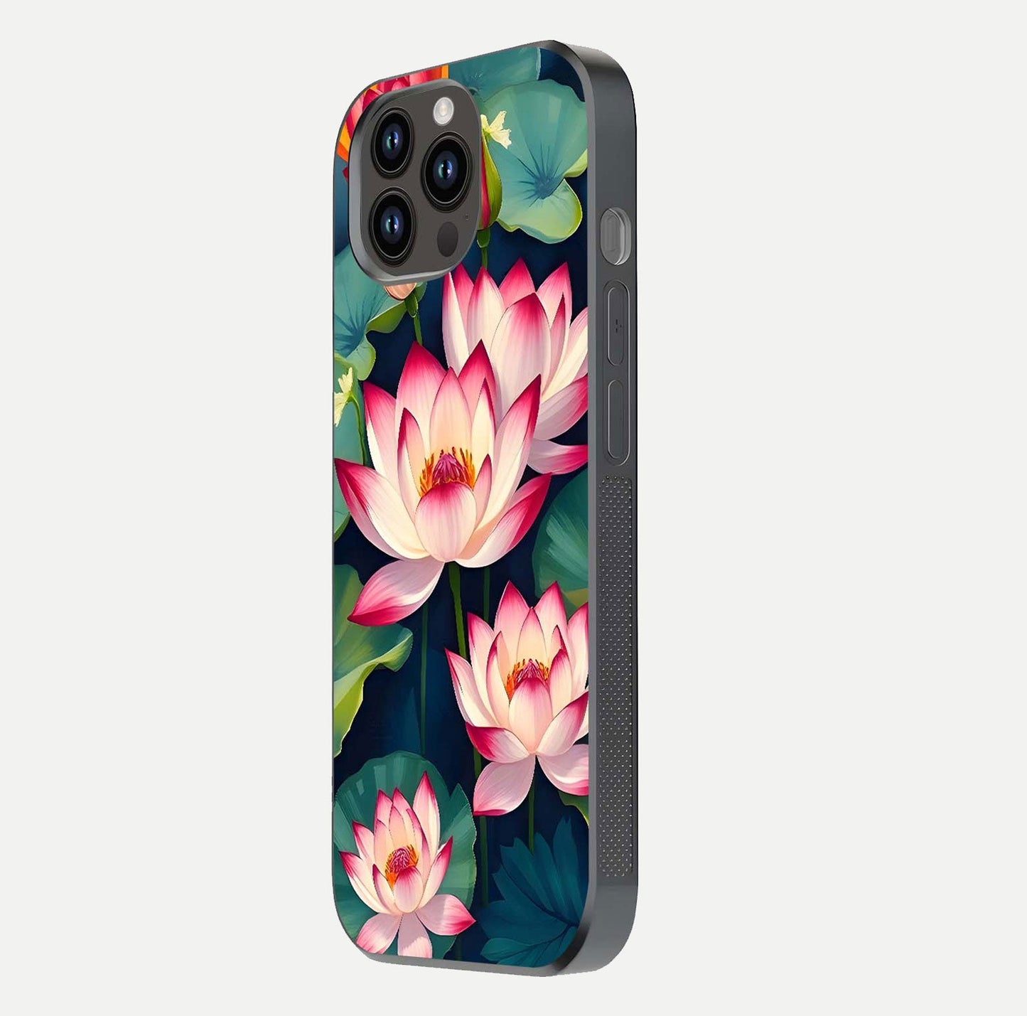 Lotus Dream Serenity Glass Case for iPhone 14 Pro Max side-angle image revealing reflection clarity and calm tones
