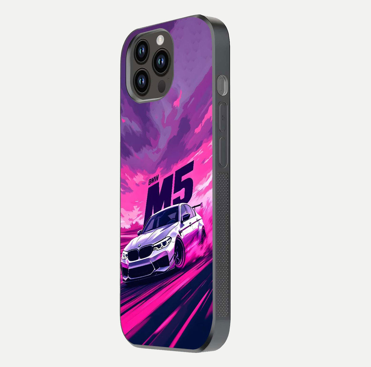 MS Neon Car Glass Case for iPhone 14 Pro Max side-angle image showing glow reflection and car detailing
