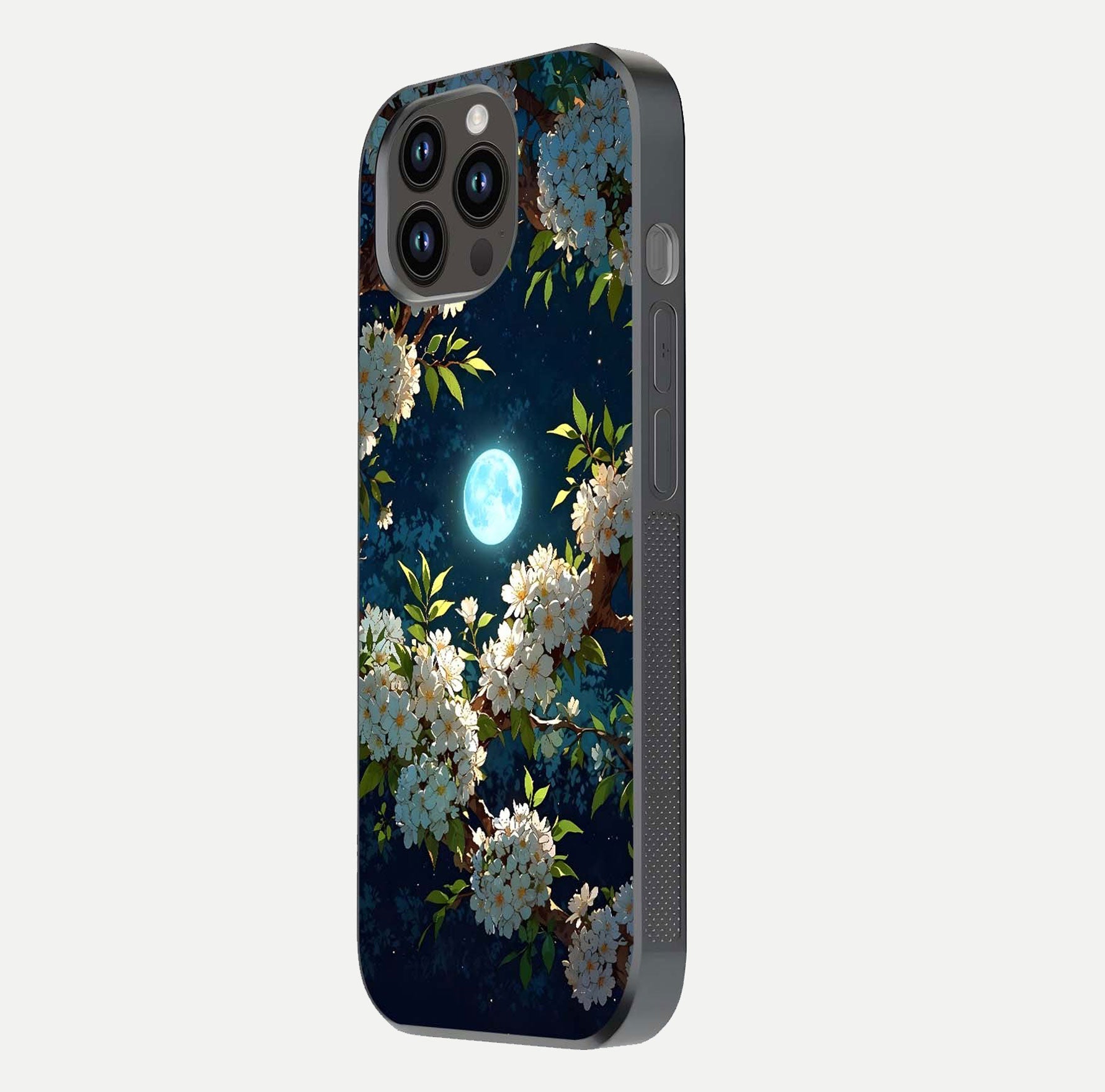 Moonlit Blossom Dream Glass Case for iPhone 14 Pro Max side-angle image showing shine depth and flower glow
