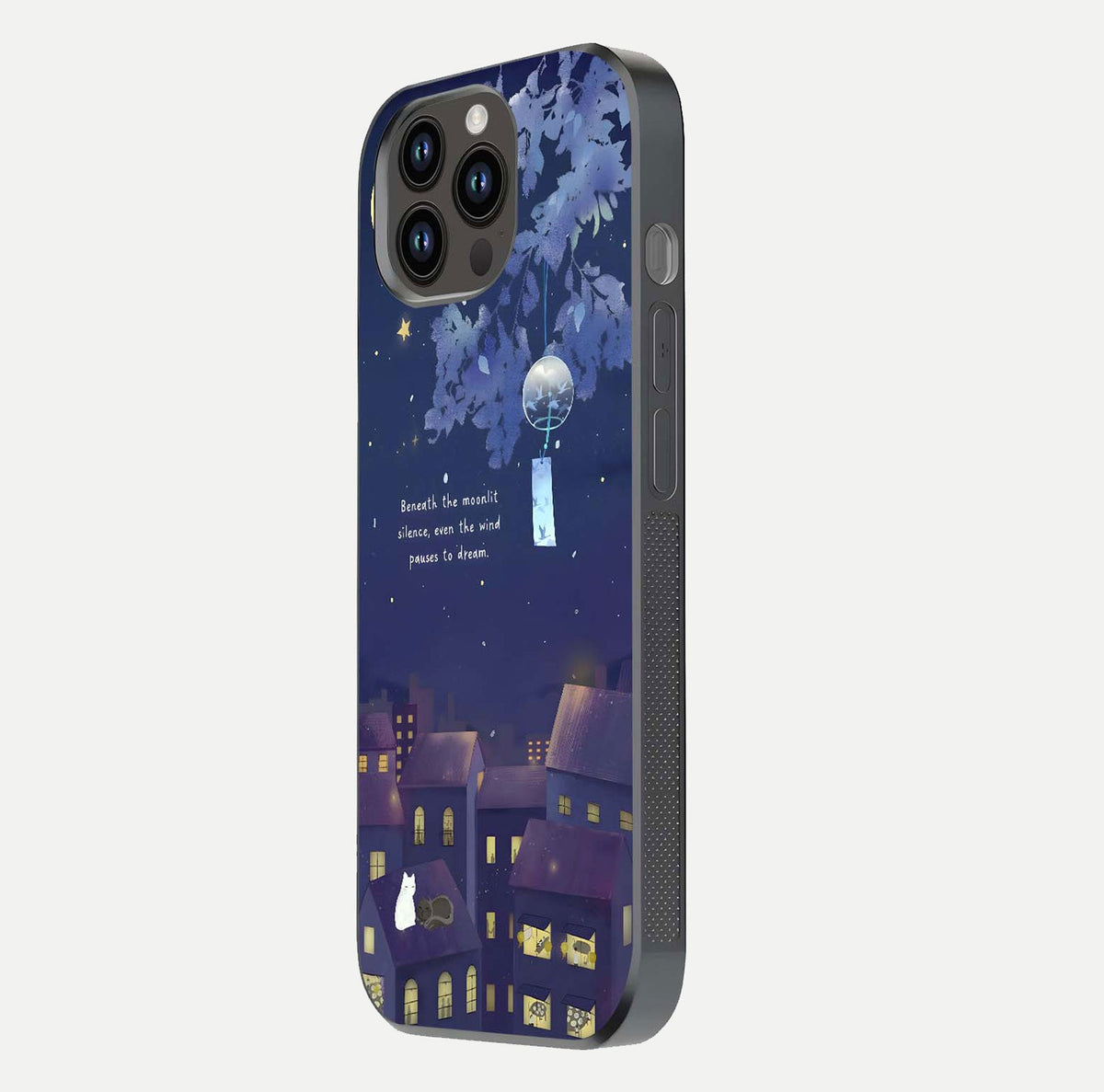 Moonlit Cat Silence Glass Case for iPhone 14 Pro Max side-angle image showing HD gloss and feline artwork detail