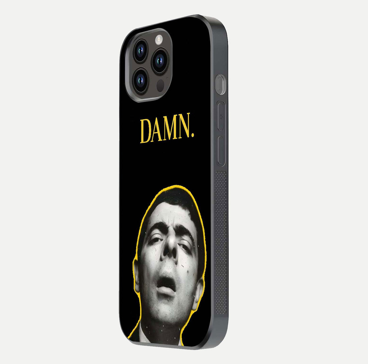 Mr Bean Damn Glass Case for iPhone 14 Pro Max side-angle image emphasizing HD print clarity and playful theme