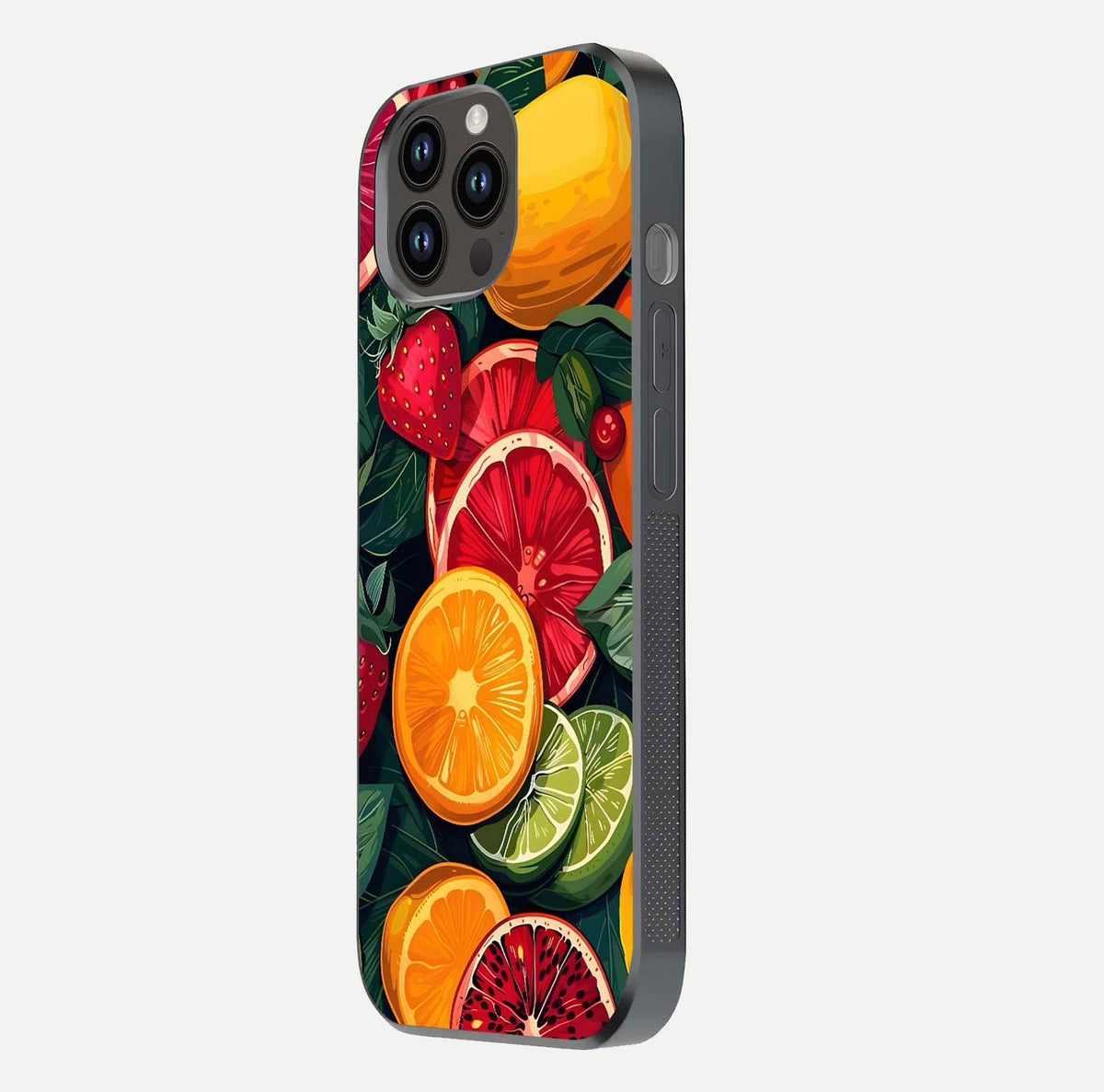 Multiple Fruits Glass Case for iPhone 14 Pro Max side-angle image showing glossy surface and vivid fruit pattern