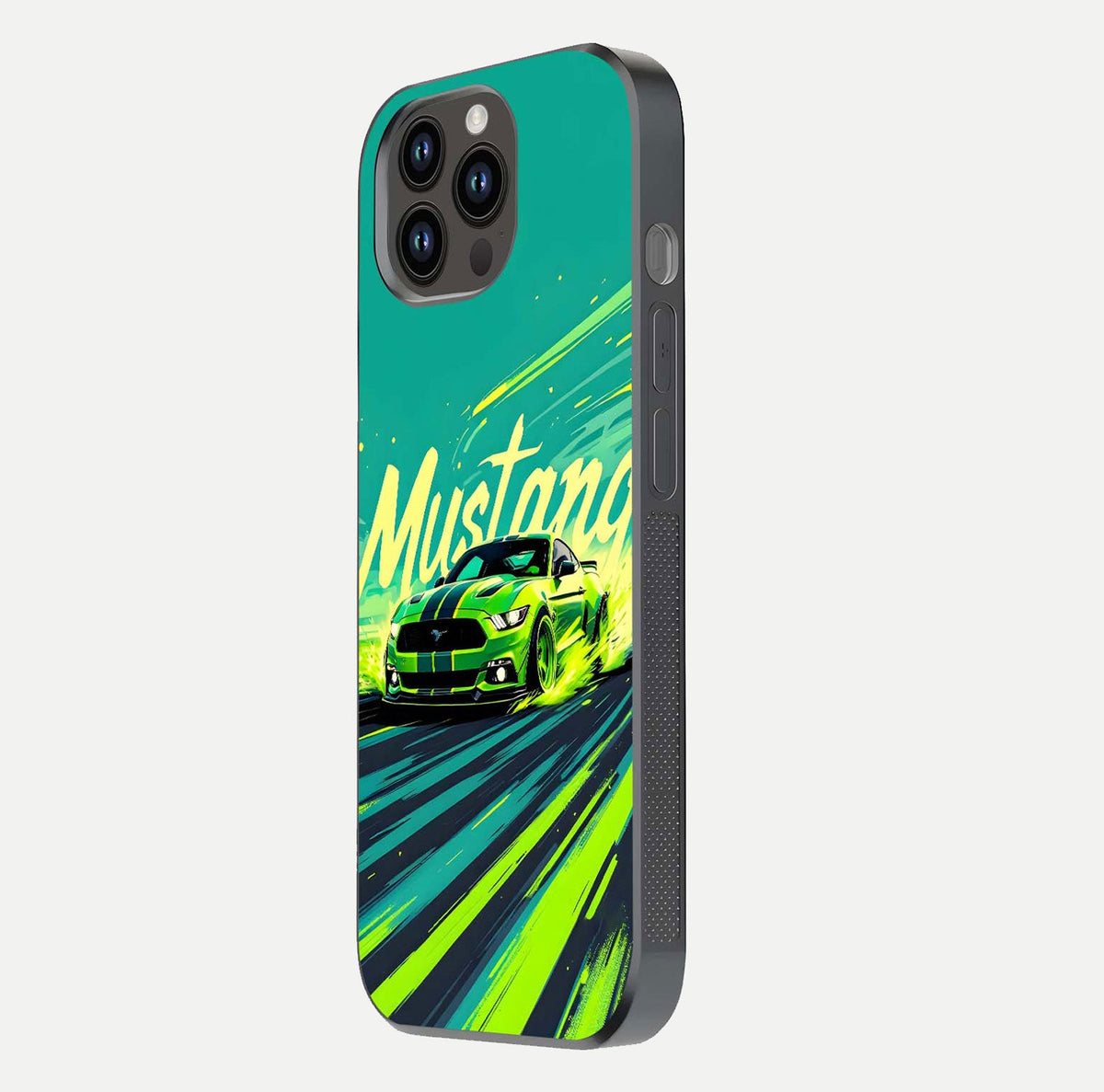 Mustang Bang Glass Case for iPhone 14 Pro Max side-angle image showing reflection clarity and bold car artwork