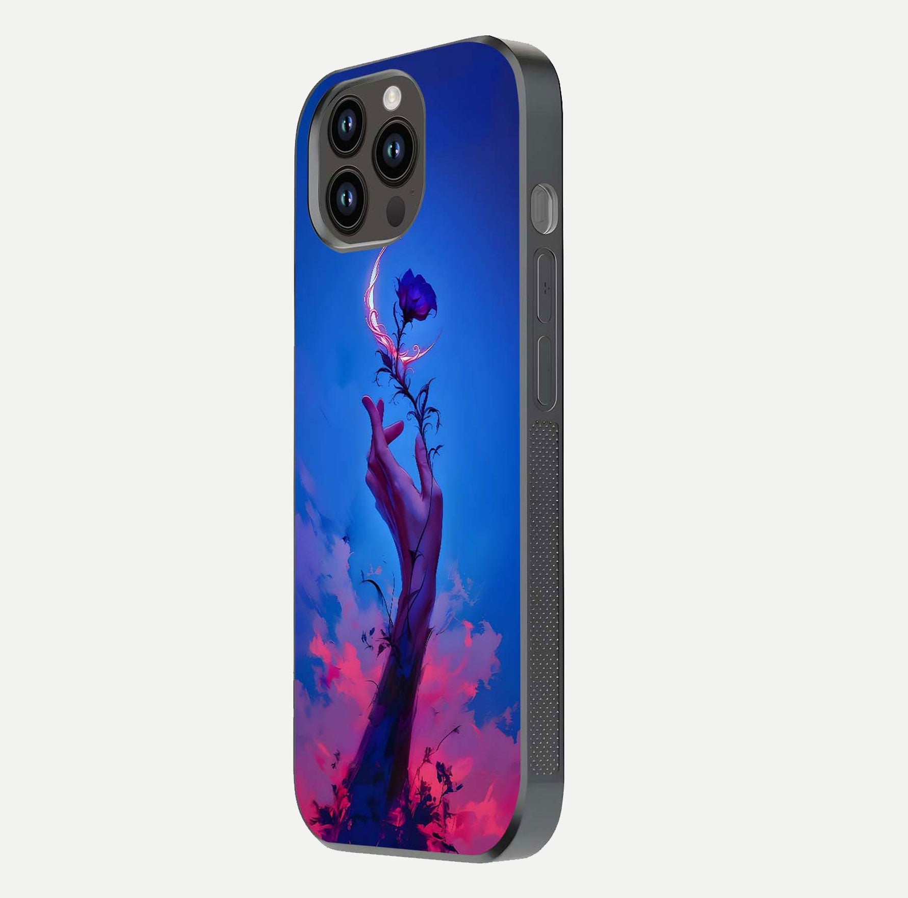 Mystic Hand Glass Case for iPhone 14 Pro Max side-angle image showing reflection depth and sacred aesthetic