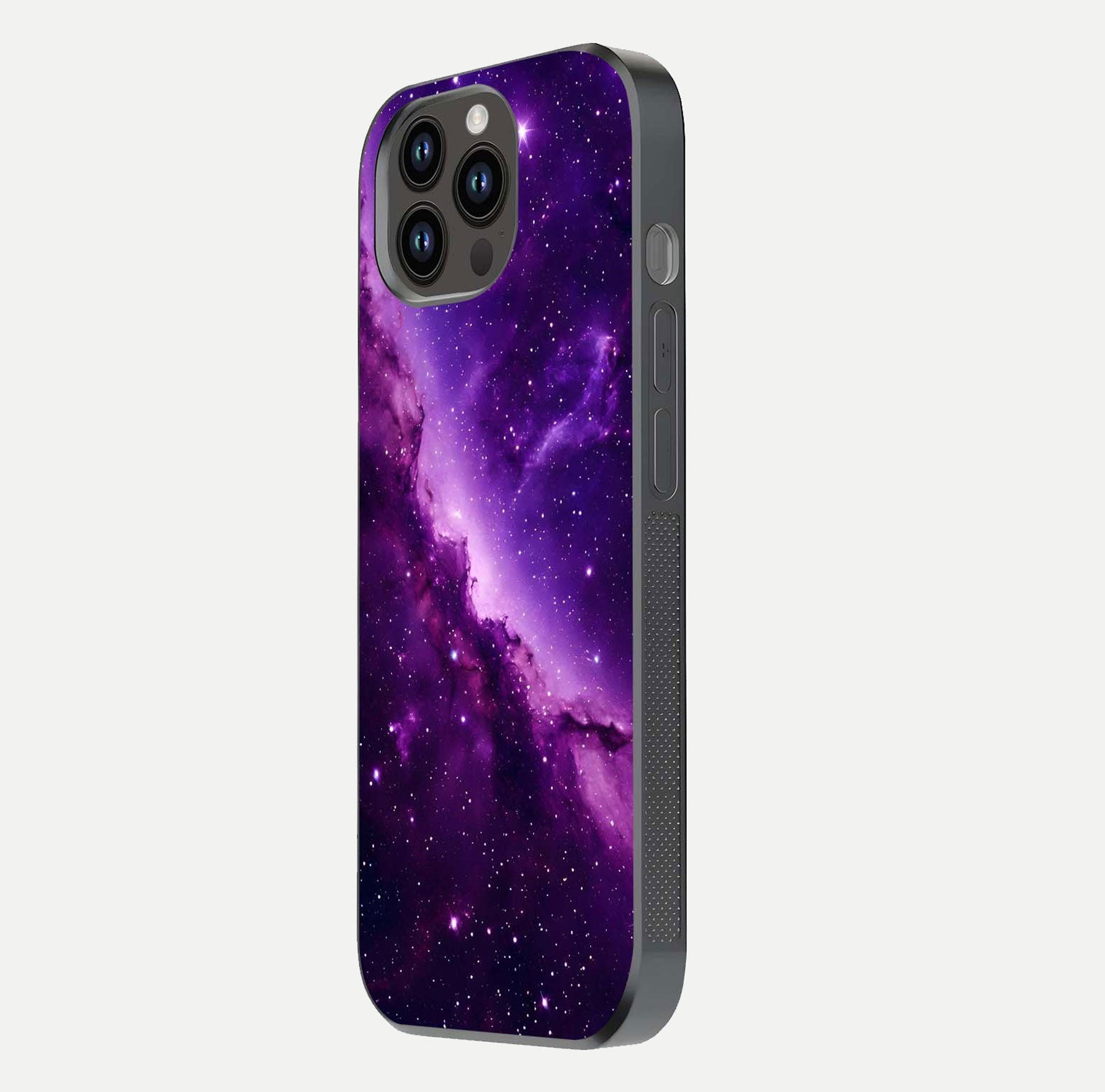 Purple Shade Sky Glass Case for iPhone 14 Pro Max side-angle image showing shine and soft violet blend