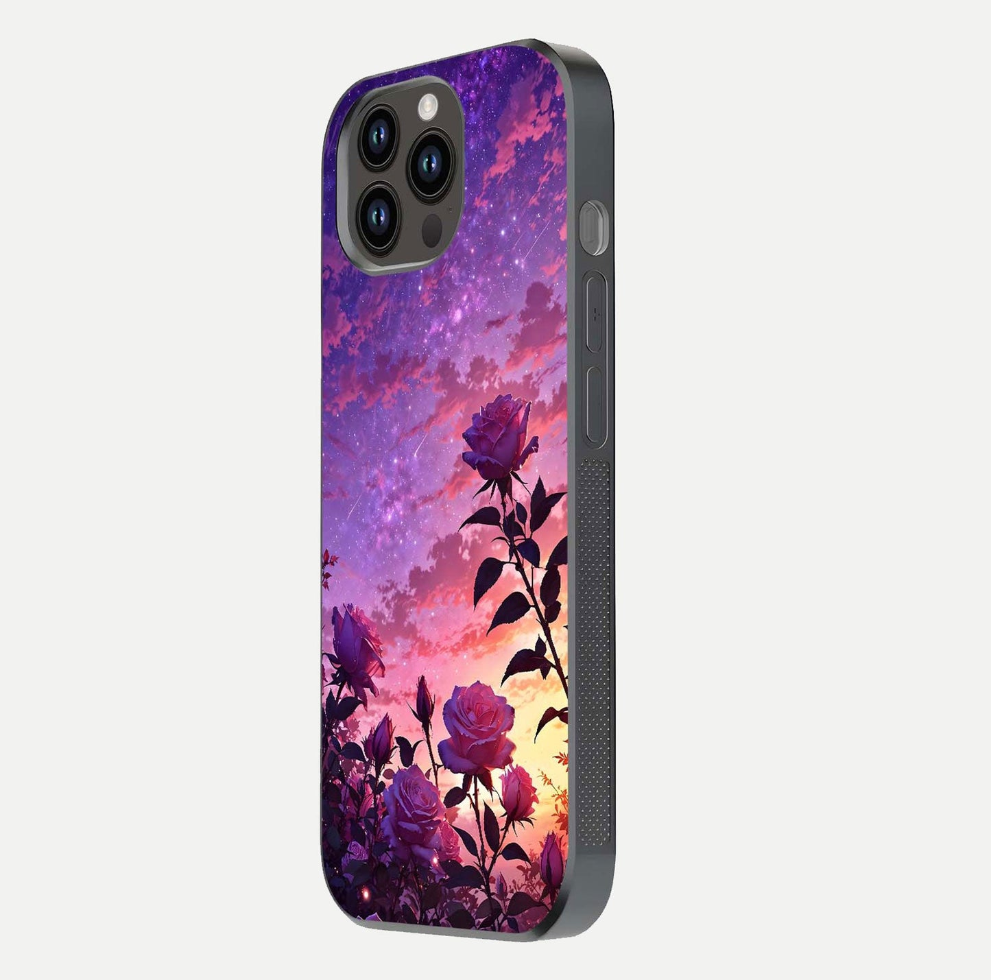 Starlit Rose Twilight Glass Case for iPhone 14 Pro Max side-angle image showing reflection and petal contrast