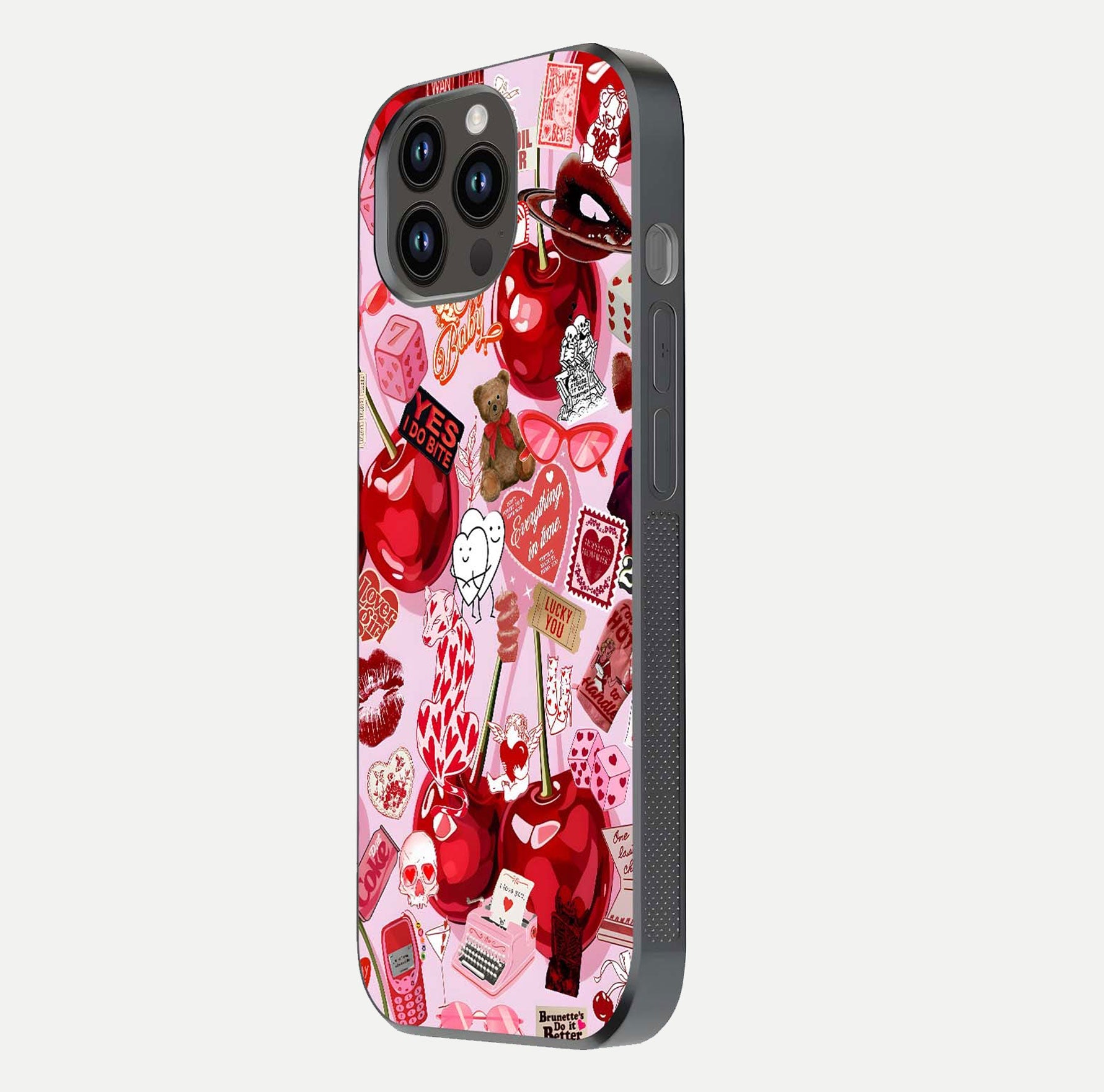 Sweet Cherry Chaos Glass Case for iPhone 14 Pro Max side-angle image showing shine, gloss, and cherry details
