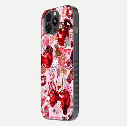 Sweet Cherry Chaos Glass Case for iPhone 14 Pro Max side-angle image showing shine, gloss, and cherry details