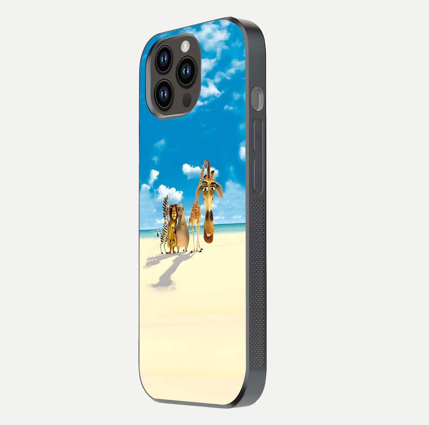 Tropical Fun Squad Glass Case for iPhone 16 Pro side-angle image showing shine, color depth, and surface gloss