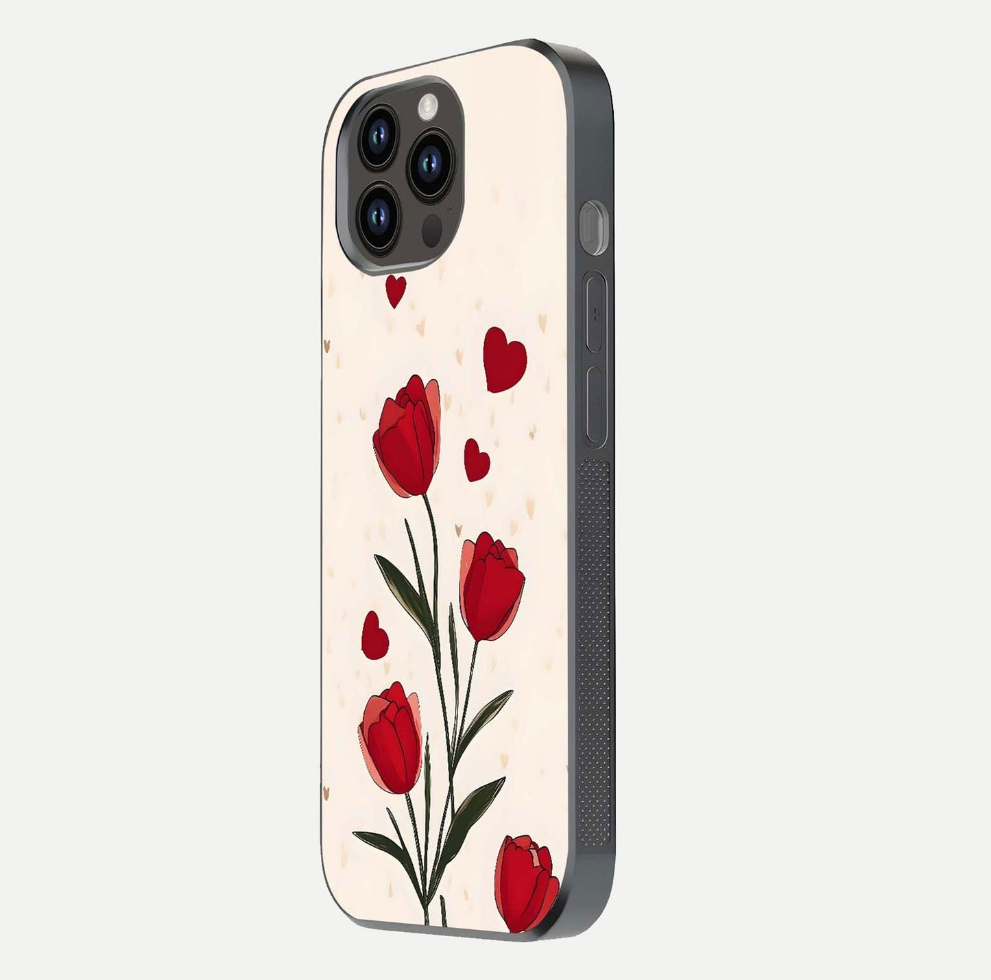 Tulip With Heart Glass Case for iPhone 14 Pro Max side-angle image showing floral reflection and subtle gradient