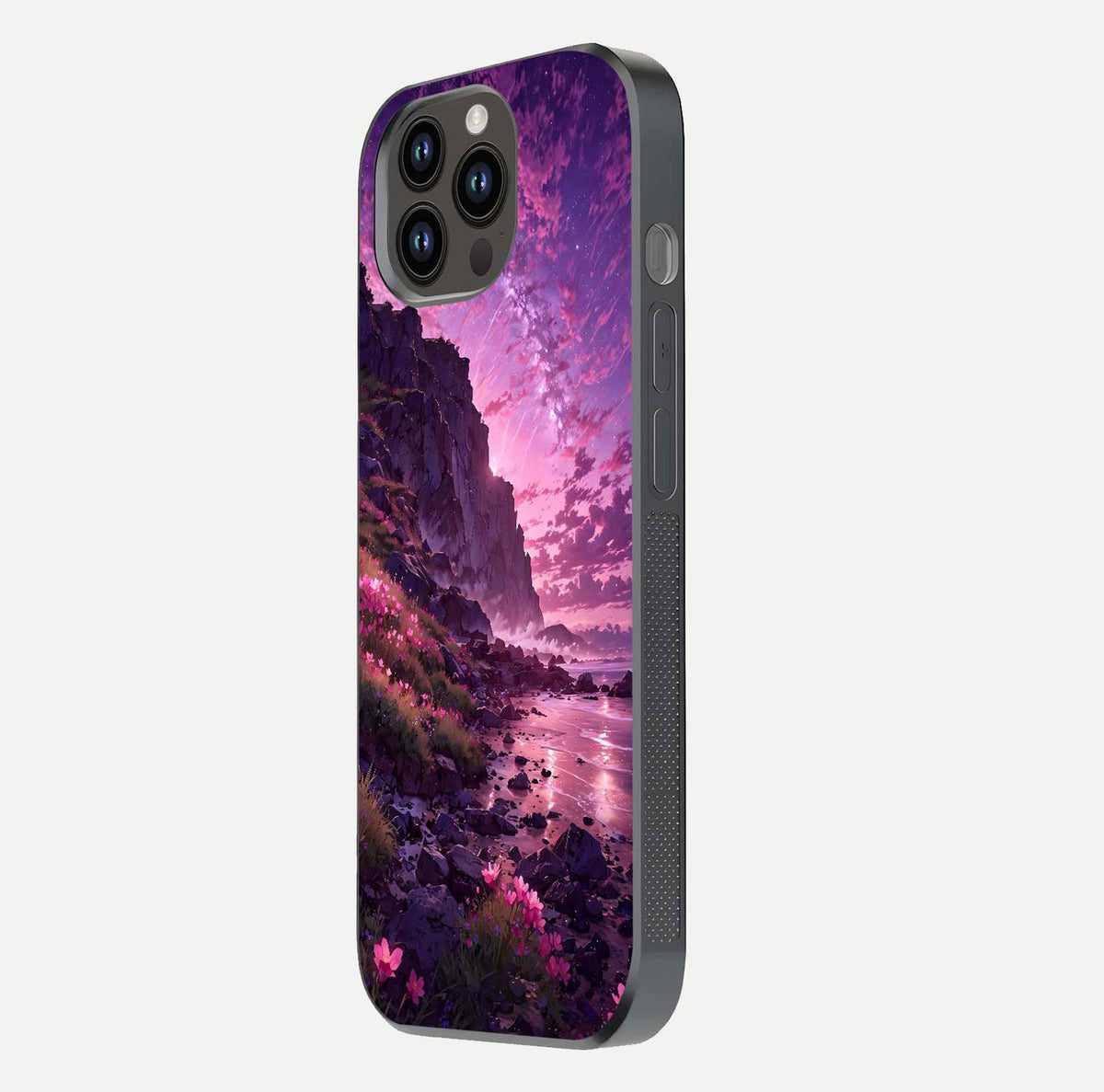 Twilight Blossom Coast Glass Case for iPhone 14 Pro Max side-angle image showing shine, reflection, and petal tone