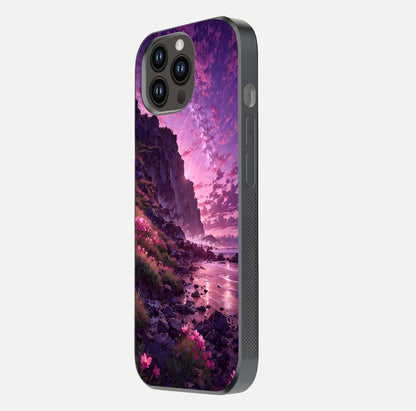 Twilight Blossom Coast Glass Case for iPhone 14 Pro Max side-angle image showing shine, reflection, and petal tone