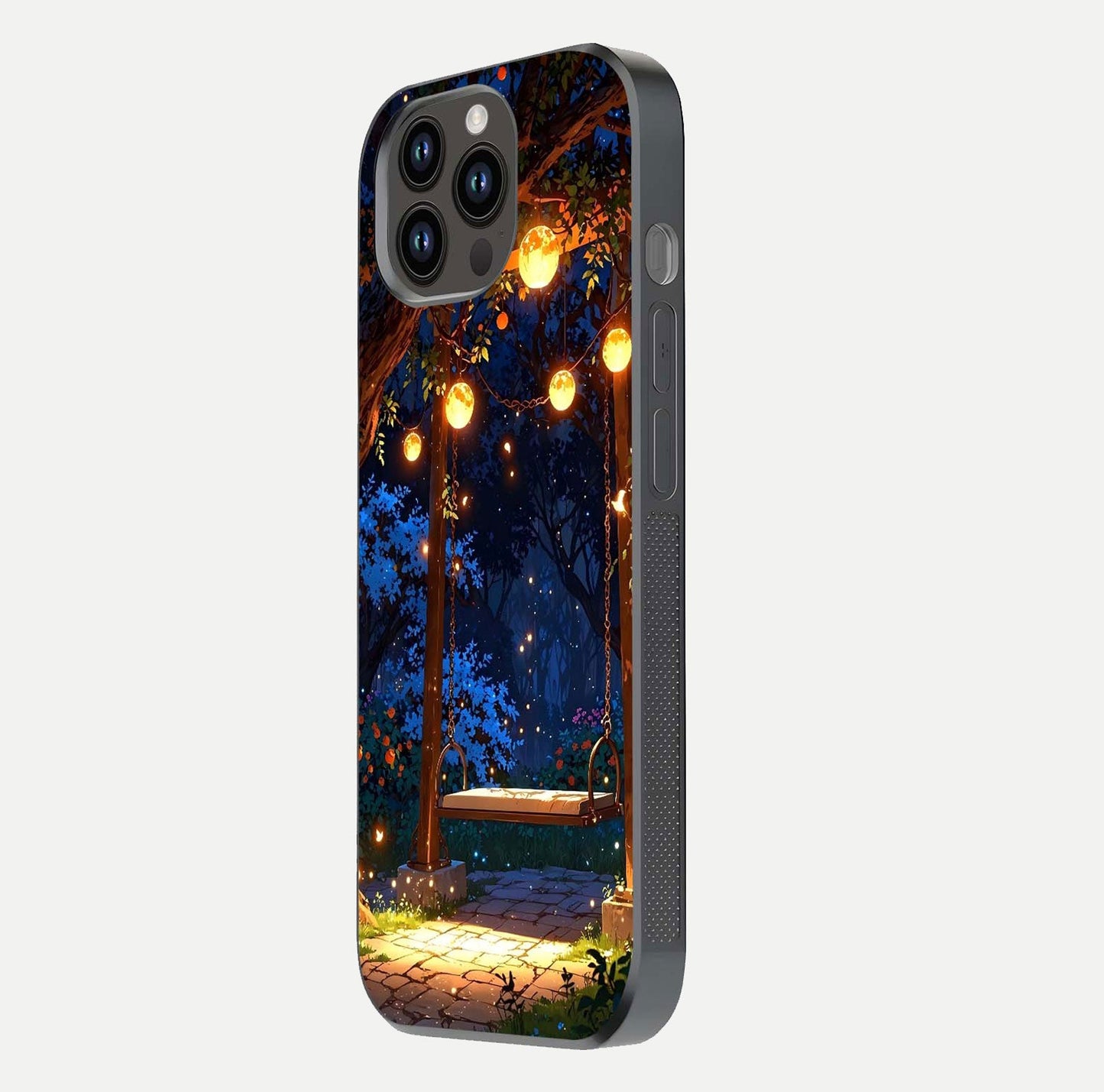 Twilight Garden Swing Glass Case for iPhone 16 Pro side-angle image showing reflection, gloss, and scenic depth