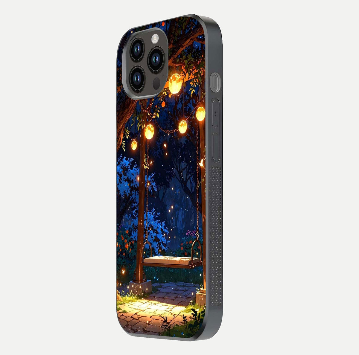 Twilight Garden Swing Glass Case for iPhone 14 Pro Max side-angle image showing reflection, gloss, and scenic depth