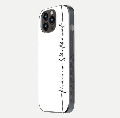 White Tune Custom Name Glass Case for iPhone 14 Pro Max side-angle image showing shine, gloss, and minimal tone