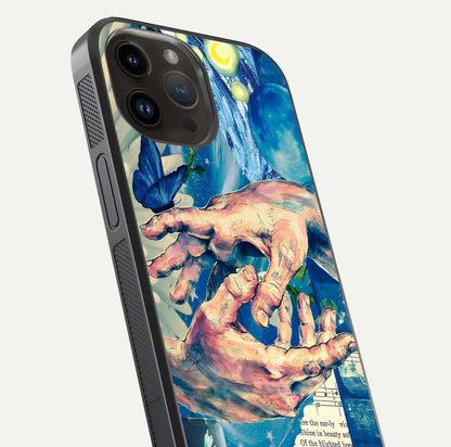Aesthetic Divider Glass Case for iPhone 16 Pro close-up angled shot showing detailed divider artwork and gloss reflection
