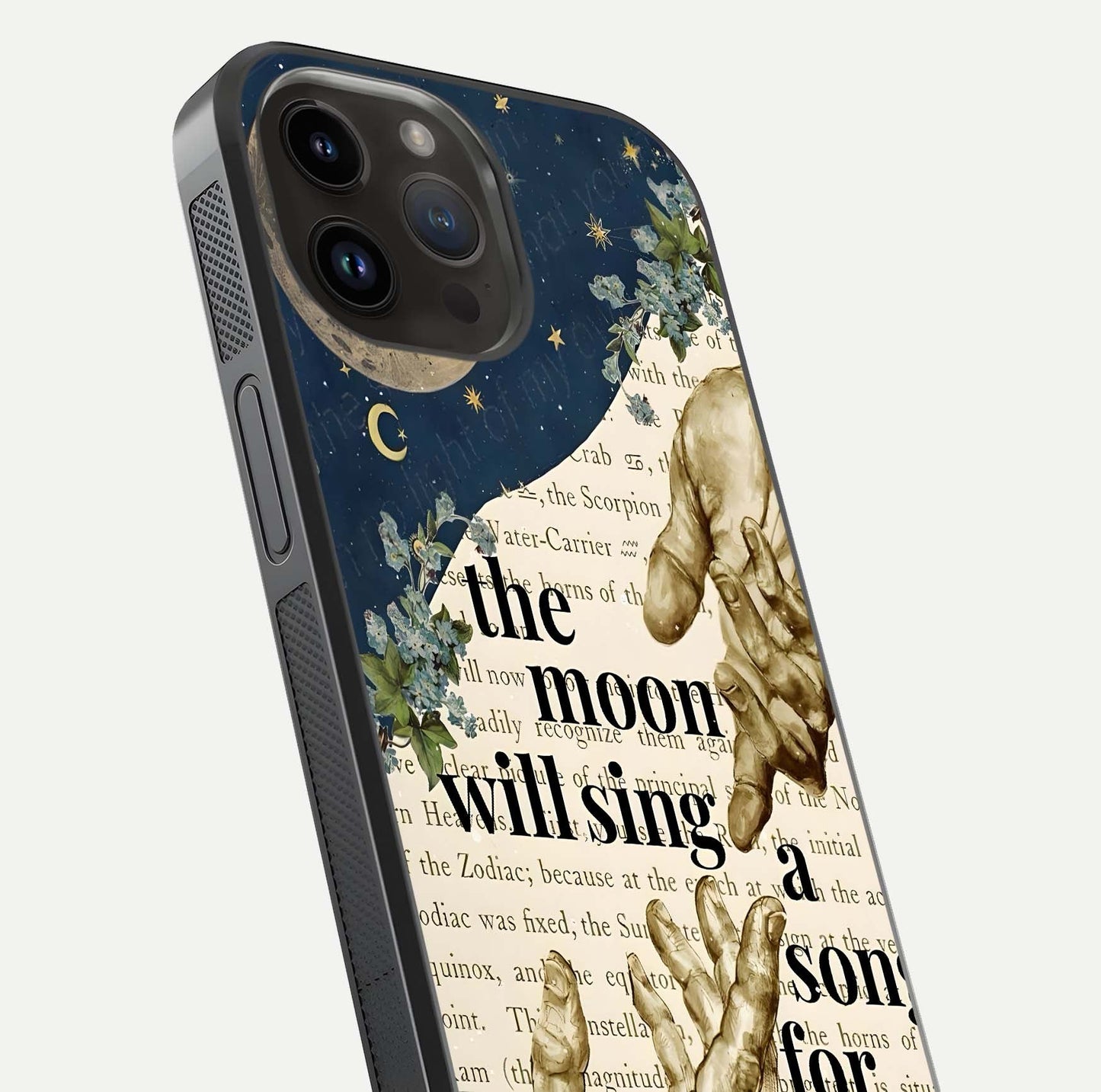 Aesthetic Divine Glass Case for iPhone 14 Pro Max close-up angled shot showing detailed divine artwork and gloss reflection