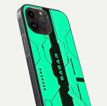 Aqua Tech CYBERPUNK Custom Name Glass Case for iPhone 16 Pro close-up angle showing futuristic blue lights and reflections