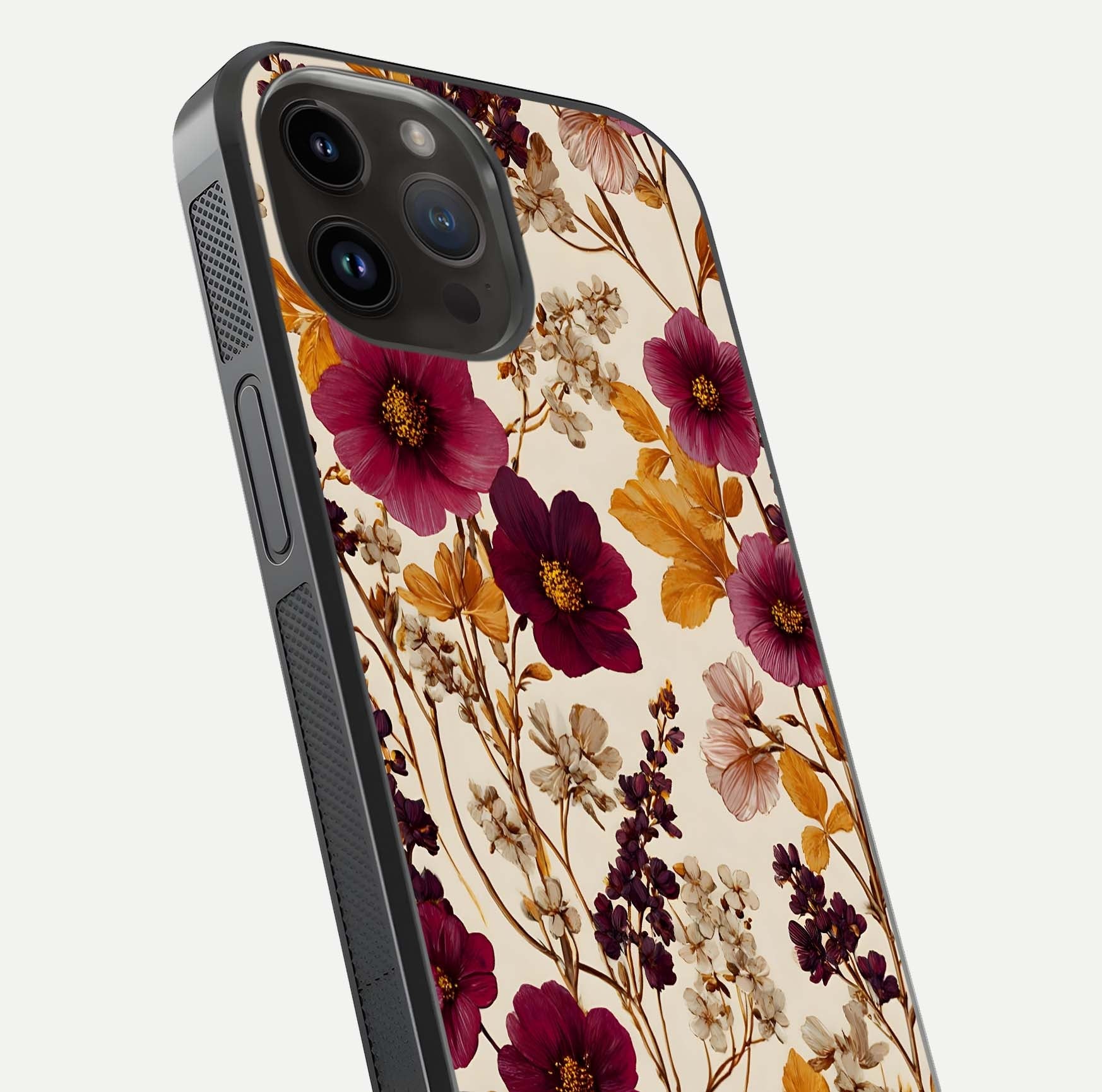 Autumn Wine Bloom Glass Case for iPhone 16 Pro close-up highlighting petal detail and gloss reflection