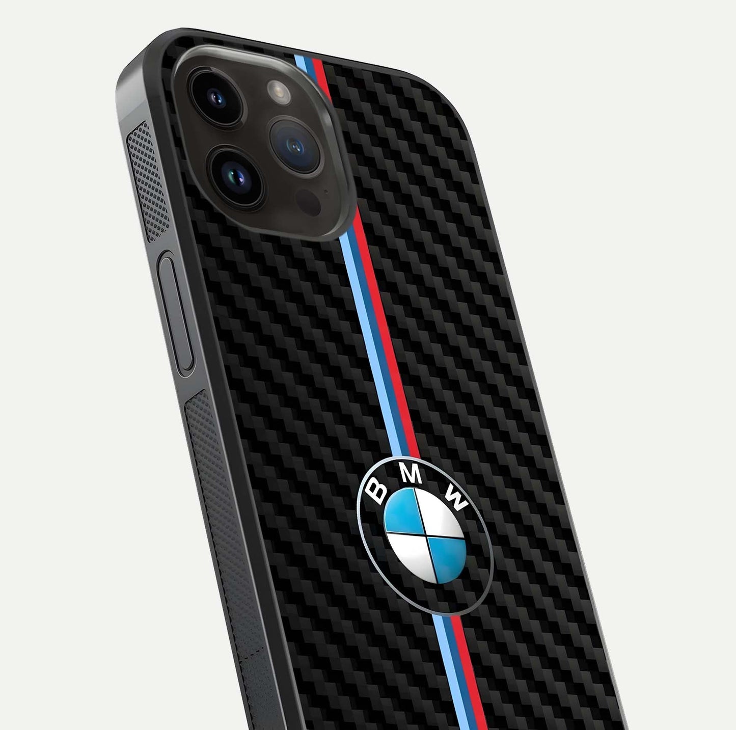 BMW Pattern Glass Case for iPhone 14 Pro Max close-up angle showing BMW logo detailing and high-reflect gloss texture