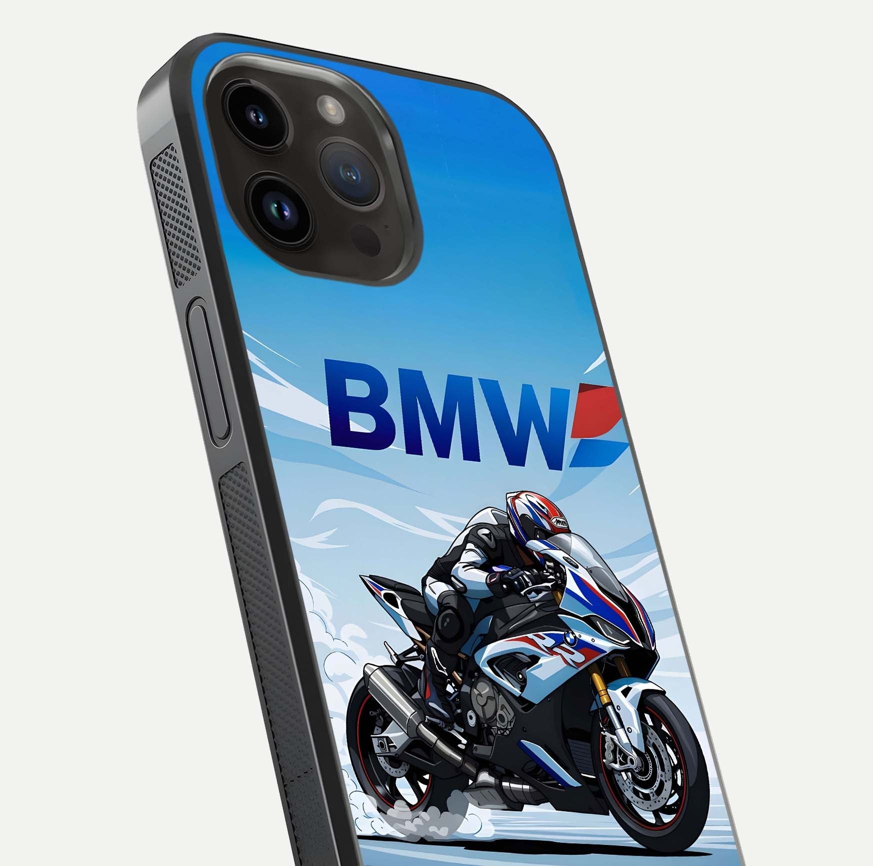 BMW Power Drift Glass Case for iPhone 14 Pro Max close-up view highlighting motion streaks and gloss shine