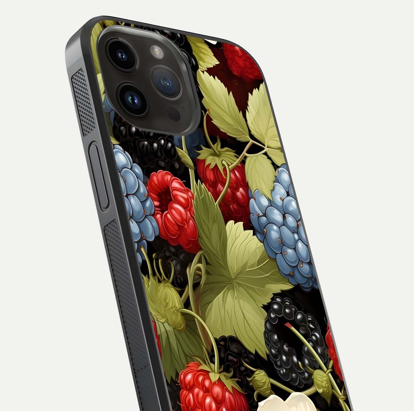 Berry Bloom Charm Glass Case for iPhone 14 Pro Max close-up view highlighting berry color tones and fine petal detailing