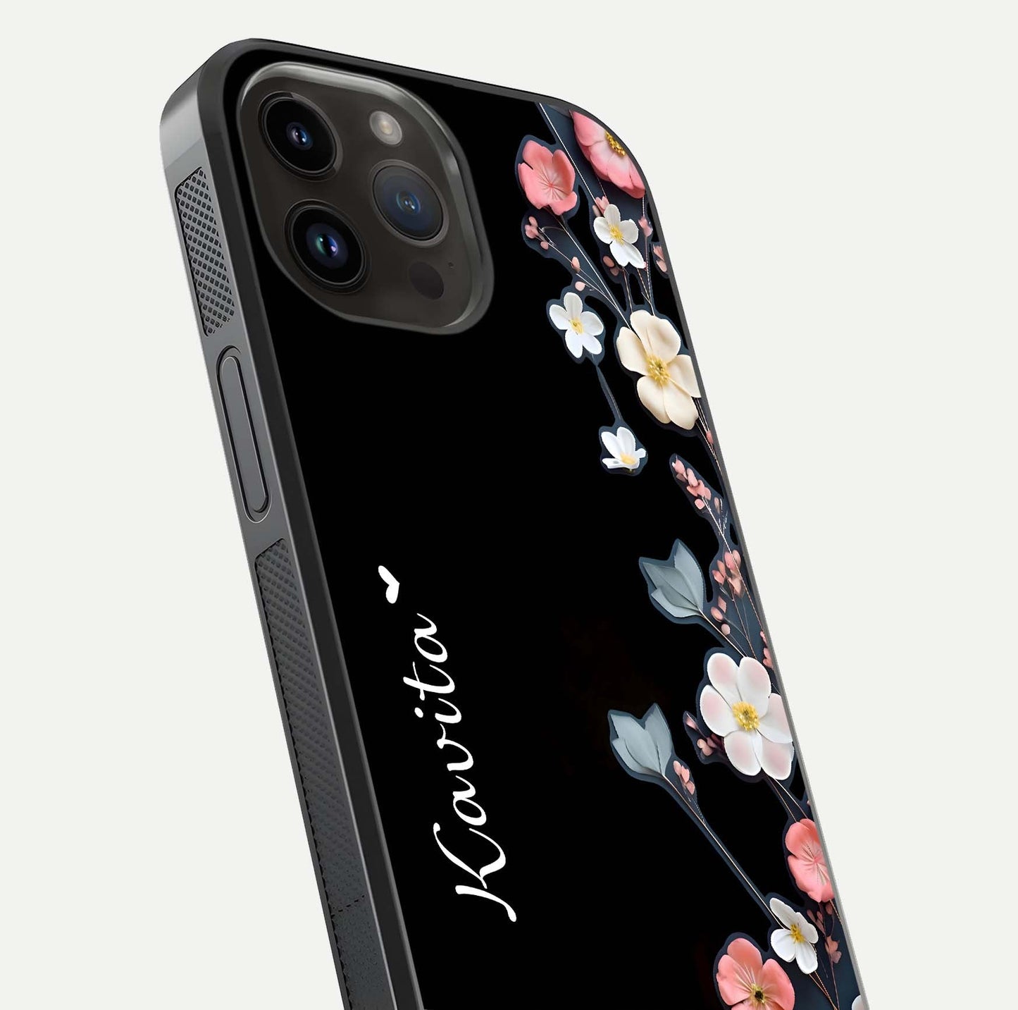 Black Elegance Floral Custom Name Glass Case for iPhone 16 Pro close-up shot showing rose detailing and elegant reflection
