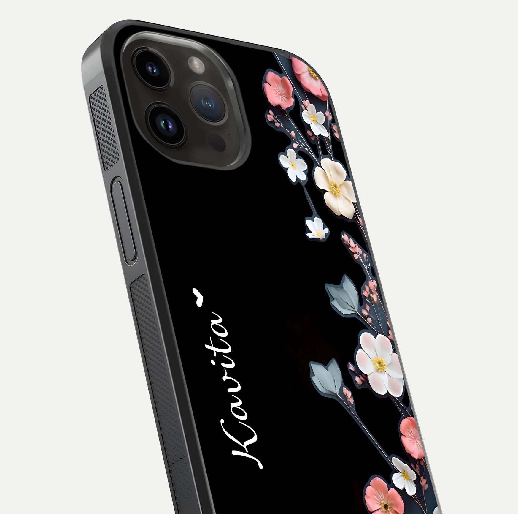 Black Elegance Floral Custom Name Glass Case for iPhone 14 Pro Max close-up shot showing rose detailing and elegant reflection