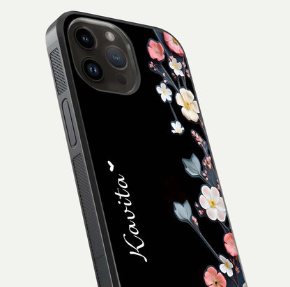 Black Elegance Floral Custom Name Glass Case for iPhone 14 Pro Max close-up shot showing rose detailing and elegant reflection