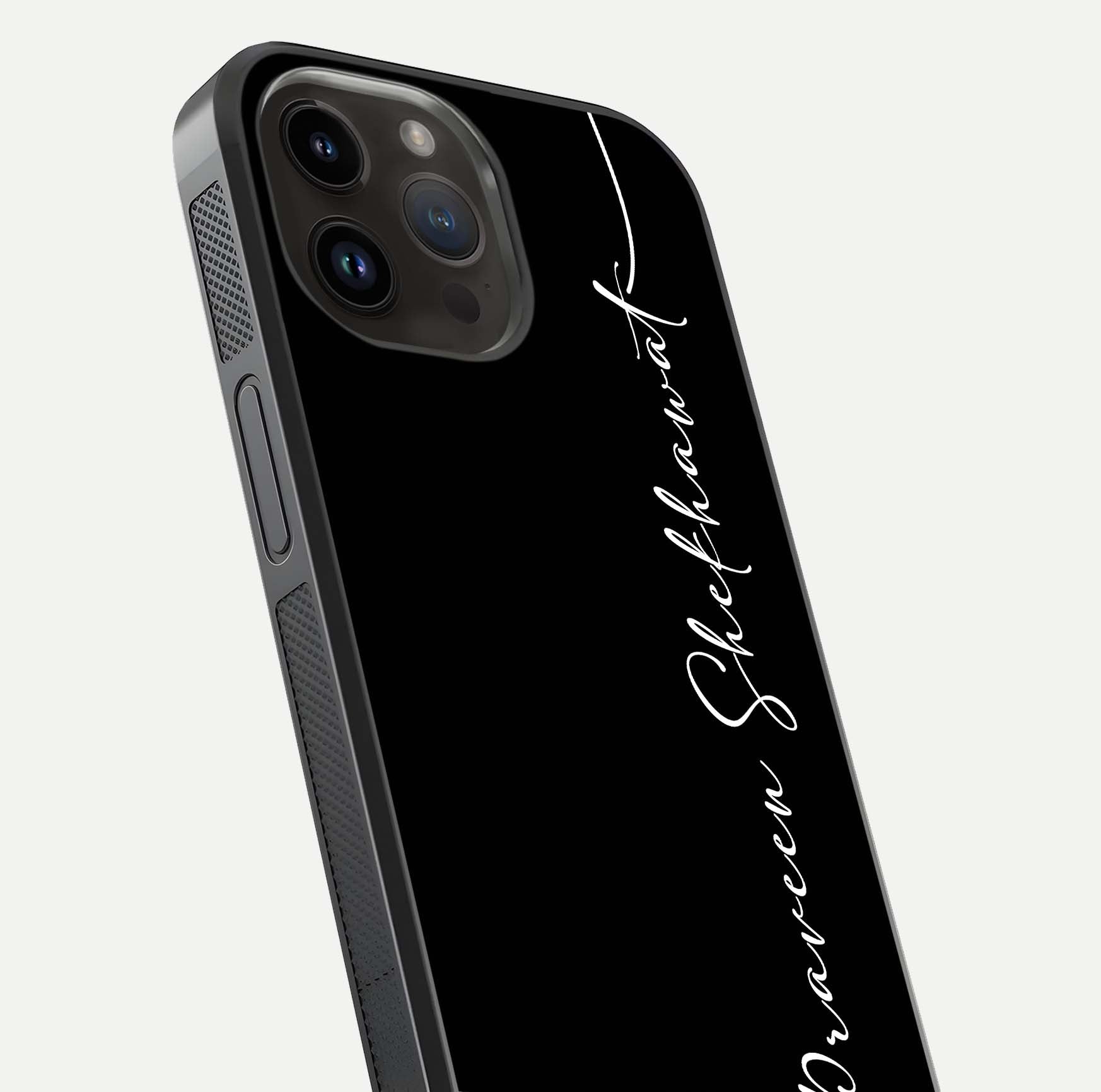 Black Tune Custom Name Glass Case for iPhone 16 Pro close-up shot highlighting sleek monochrome design and reflection